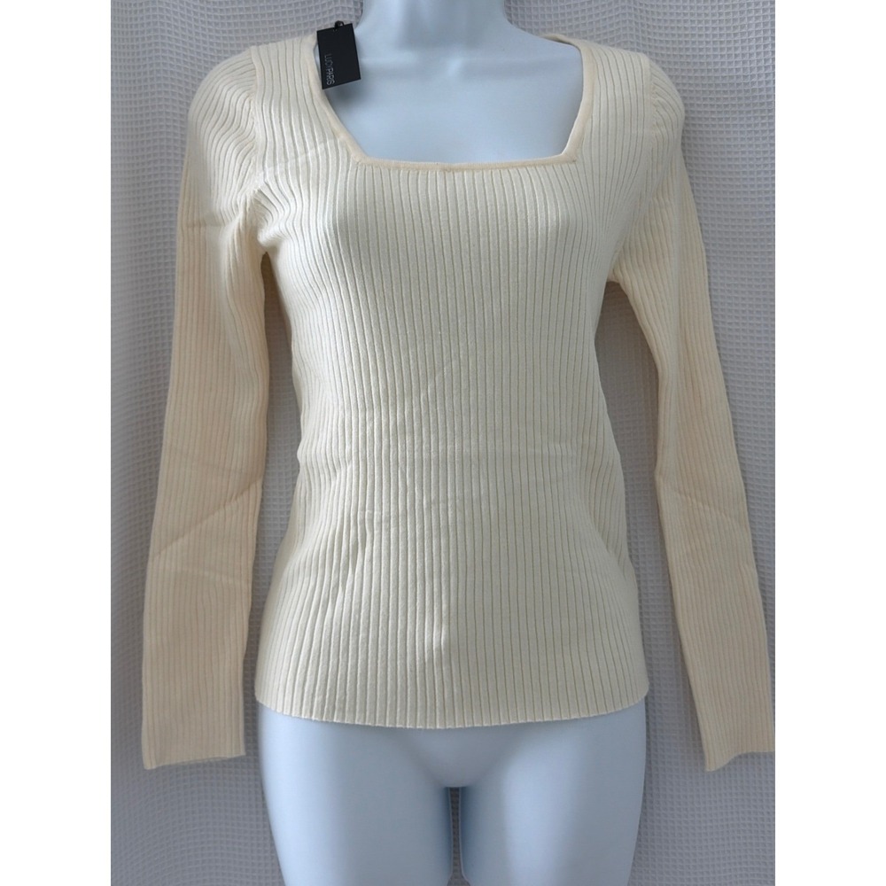 Lucy Paris Cream Ribbed Square Neck Long Sleeve Sweater SW2093 Large NWT